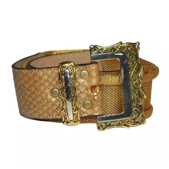 B.B. Simon Statement Belt Vintage 90s Leather & Metal Gold-Tone Mesh Size XL 34 main image 6